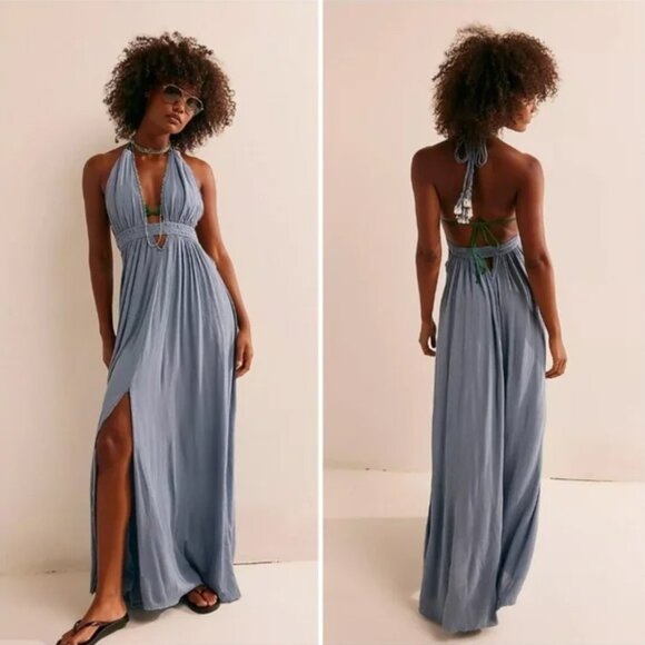 Rare Free People Look Into The Sun Maxi Dress Rainy Day Blue Size XS - Picture 4 of 10